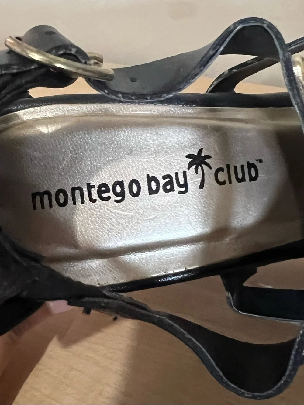 Montego Bay Club Black Wedge Sandals with Cork Platform and Gold Accents
